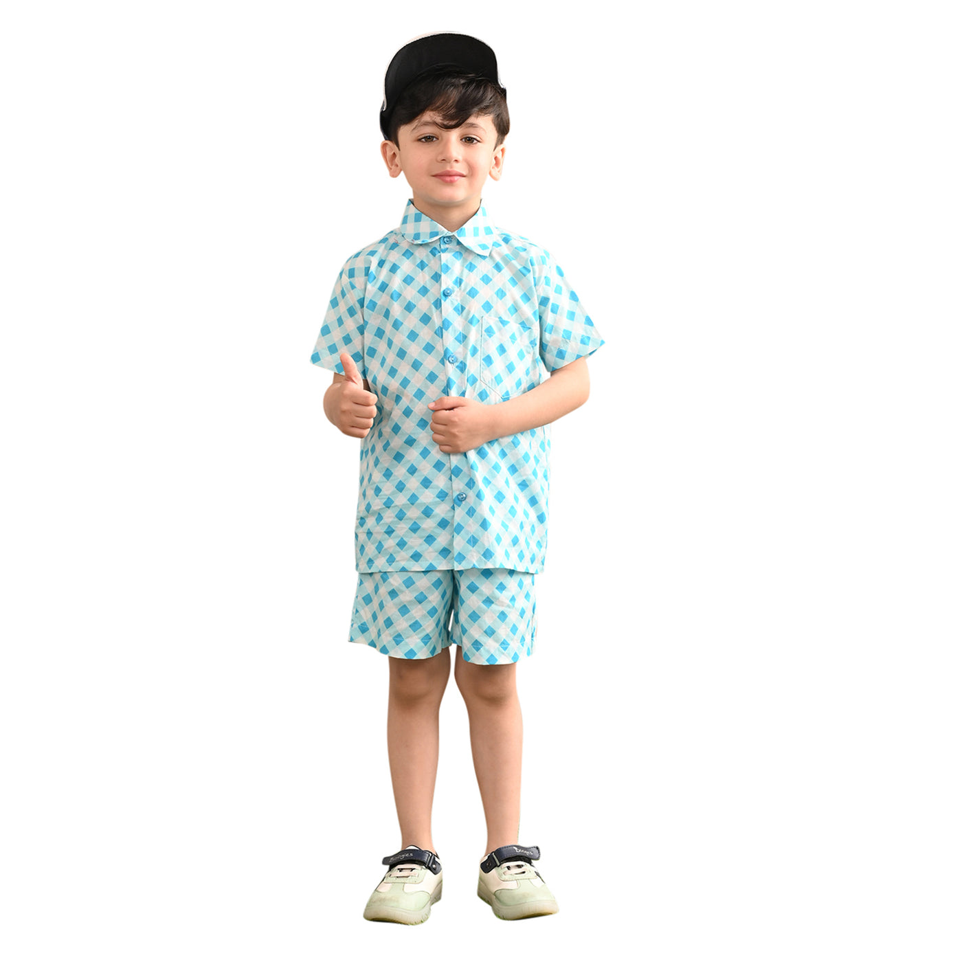 Boys Cotton Check Printed Co-ord Set With Spread Collar Shirt and Short,  Sky Blue