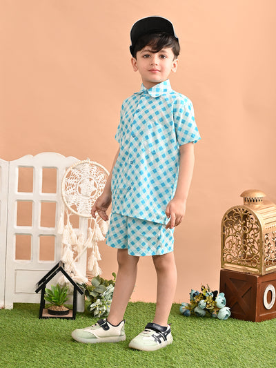 Boys Cotton Check Printed Co-ord Set With Spread Collar Shirt and Short,  Sky Blue