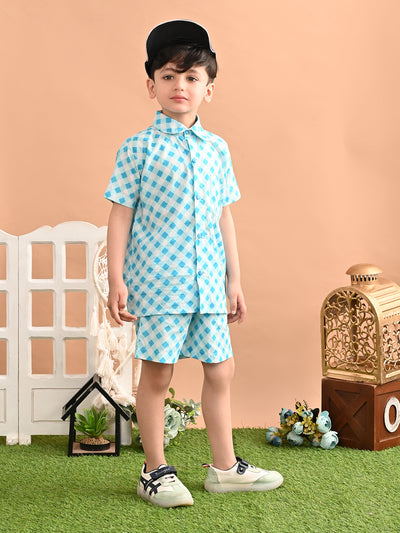 Boys Cotton Check Printed Co-ord Set With Spread Collar Shirt and Short,  Sky Blue