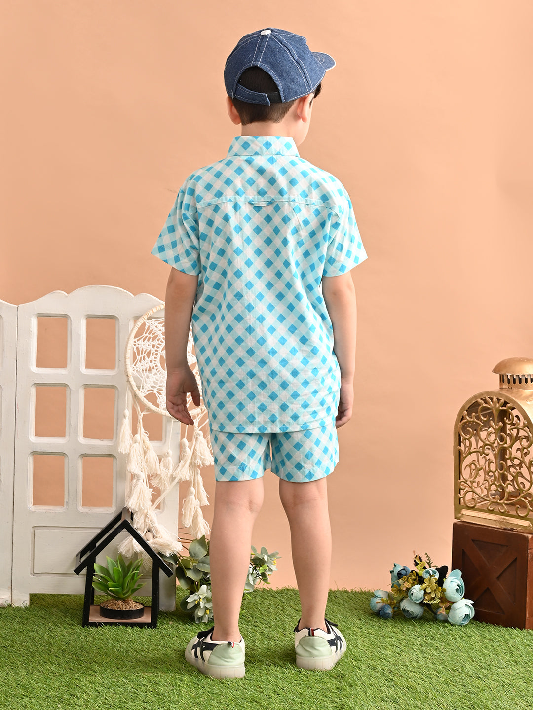 Boys Cotton Check Printed Co-ord Set With Spread Collar Shirt and Short,  Sky Blue