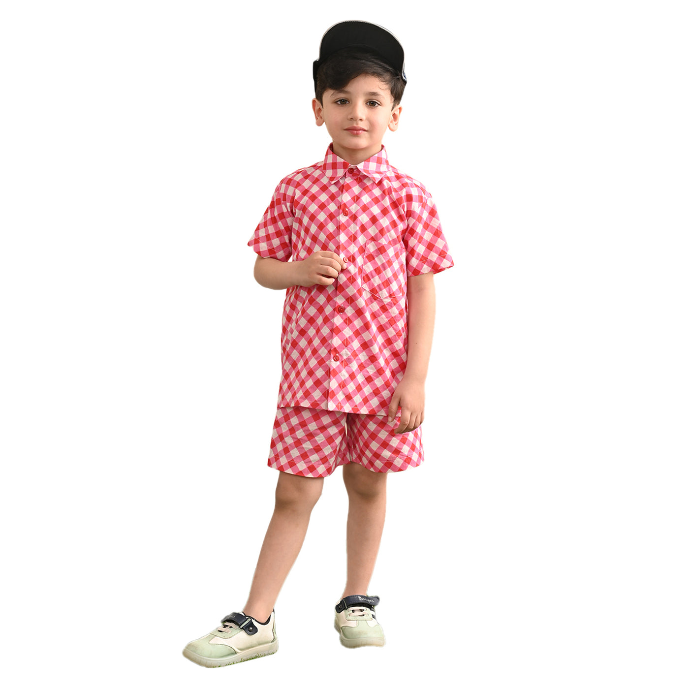 Boys Cotton Check Printed Co-ord Set With Spread Collar Shirt and Short, Pink