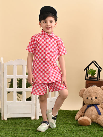 Boys Cotton Check Printed Co-ord Set With Spread Collar Shirt and Short, Pink