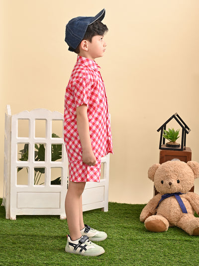 Boys Cotton Check Printed Co-ord Set With Spread Collar Shirt and Short, Pink