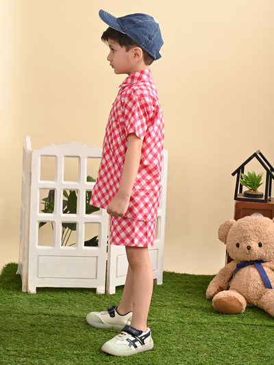 Boys Cotton Check Printed Co-ord Set With Spread Collar Shirt and Short, Pink