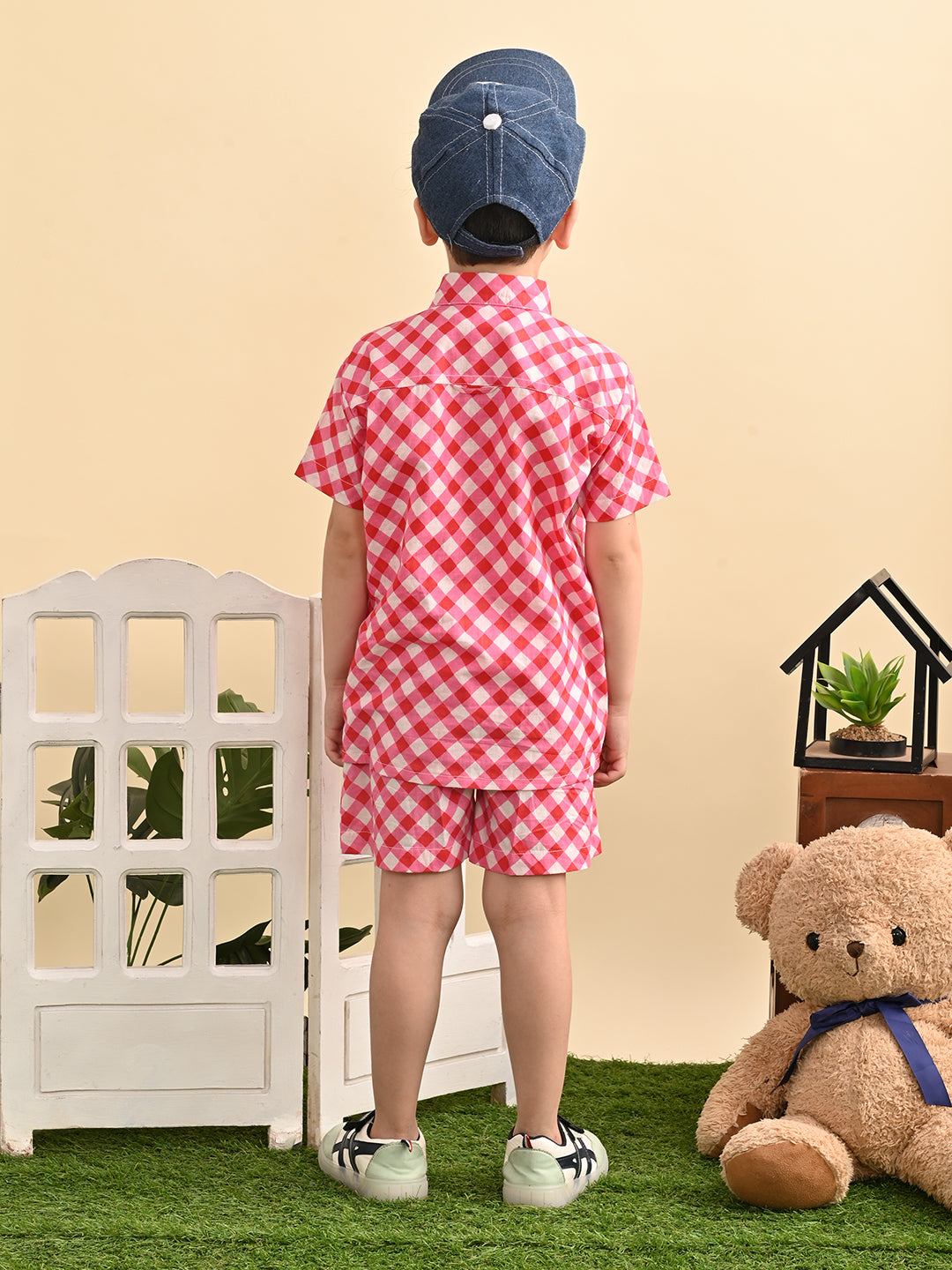 Boys Cotton Check Printed Co-ord Set With Spread Collar Shirt and Short, Pink