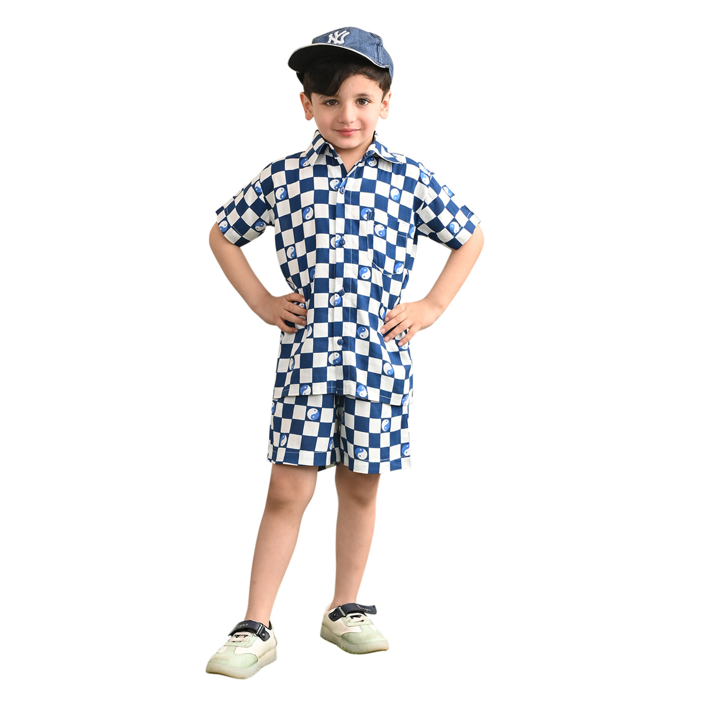 Boys Cotton Rayon Box Printed Co-ord Set With Spread Collar Shirt and Short, Blue