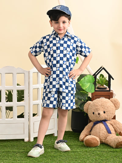 Boys Cotton Rayon Box Printed Co-ord Set With Spread Collar Shirt and Short, Blue