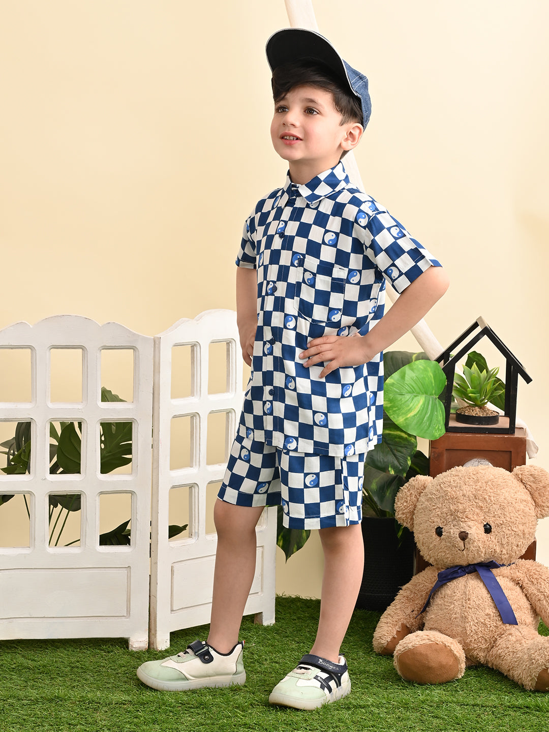 Boys Cotton Rayon Box Printed Co-ord Set With Spread Collar Shirt and Short, Blue