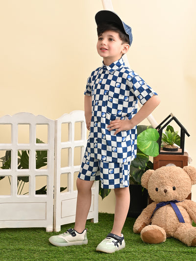 Boys Cotton Rayon Box Printed Co-ord Set With Spread Collar Shirt and Short, Blue