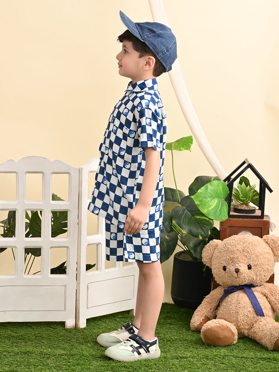 Boys Cotton Rayon Box Printed Co-ord Set With Spread Collar Shirt and Short, Blue