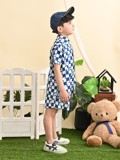 Boys Cotton Rayon Box Printed Co-ord Set With Spread Collar Shirt and Short, Blue