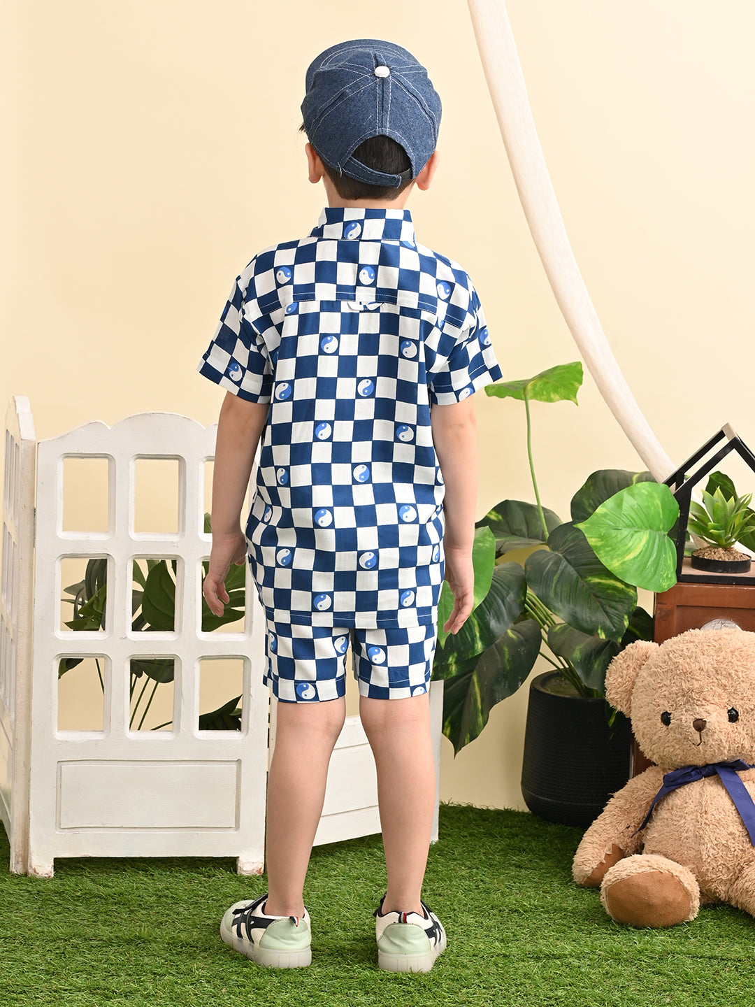 Boys Cotton Rayon Box Printed Co-ord Set With Spread Collar Shirt and Short, Blue