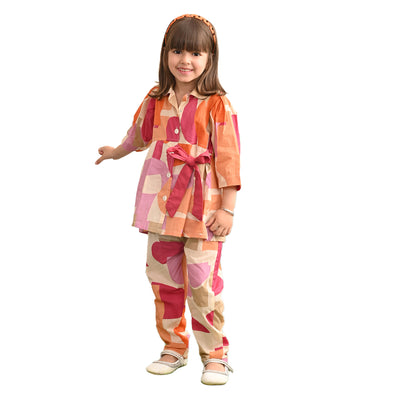 Girls Cotton Abstract Print Top With Matching Waist Belt And Pant, Magenta