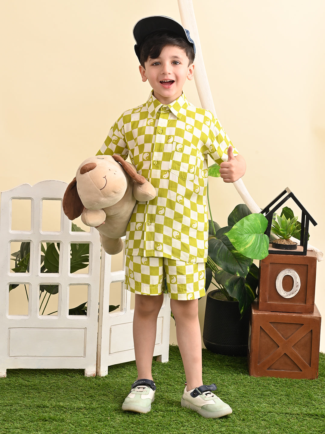 Cotton Rayon Box Printed Co-ord Set With Spread Collar Shirt and Short,  Parrot Green