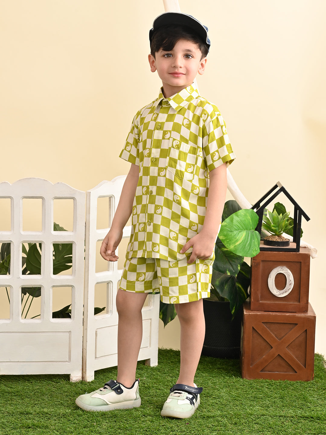 Cotton Rayon Box Printed Co-ord Set With Spread Collar Shirt and Short,  Parrot Green