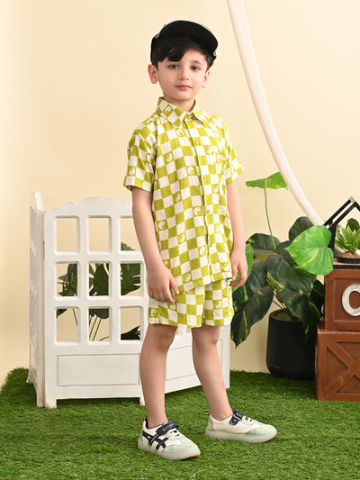 Cotton Rayon Box Printed Co-ord Set With Spread Collar Shirt and Short,  Parrot Green