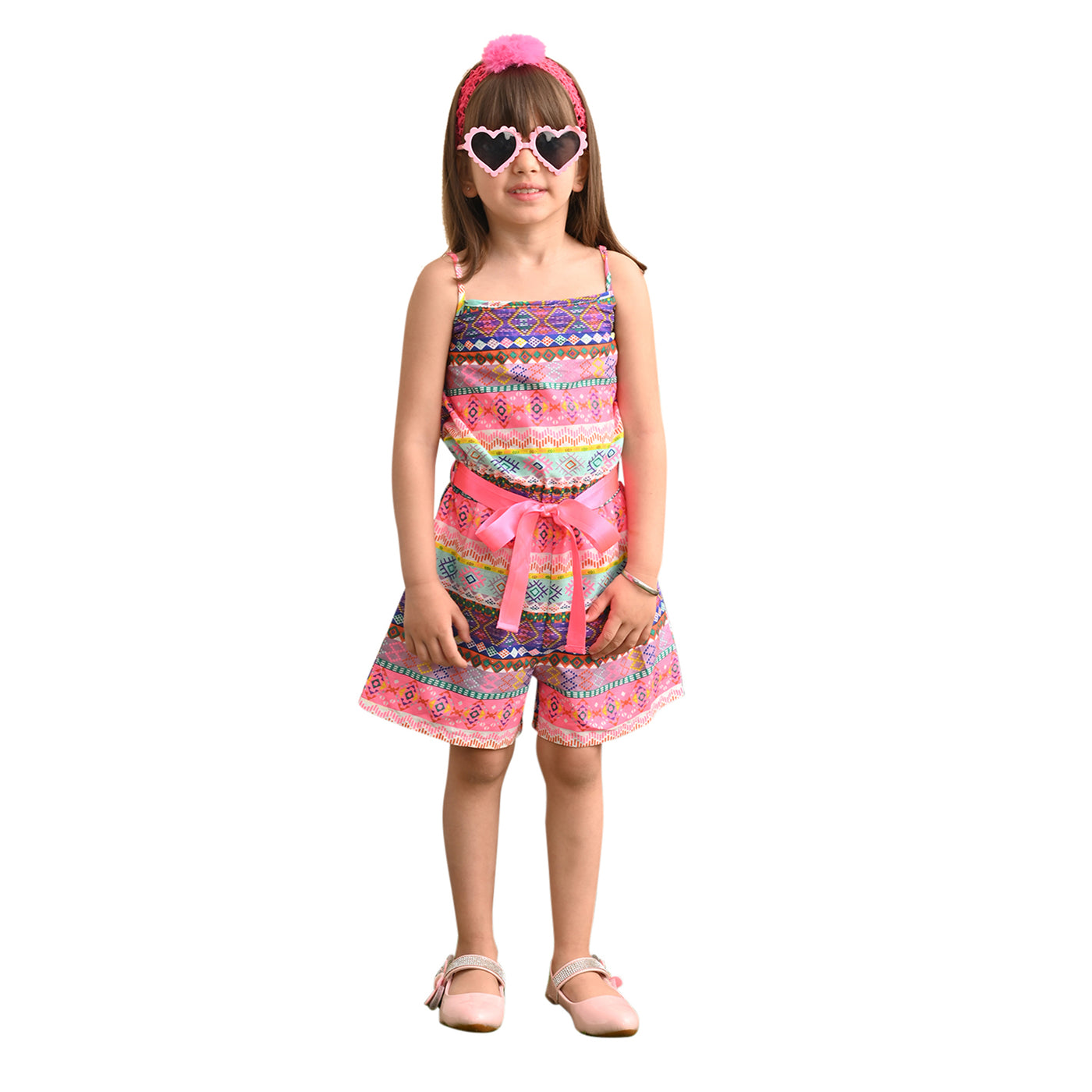 superminis Girls Cotton Geometric Border Print Sleeveless Playsuit with Stylish Ribben Waistbelt, Pink