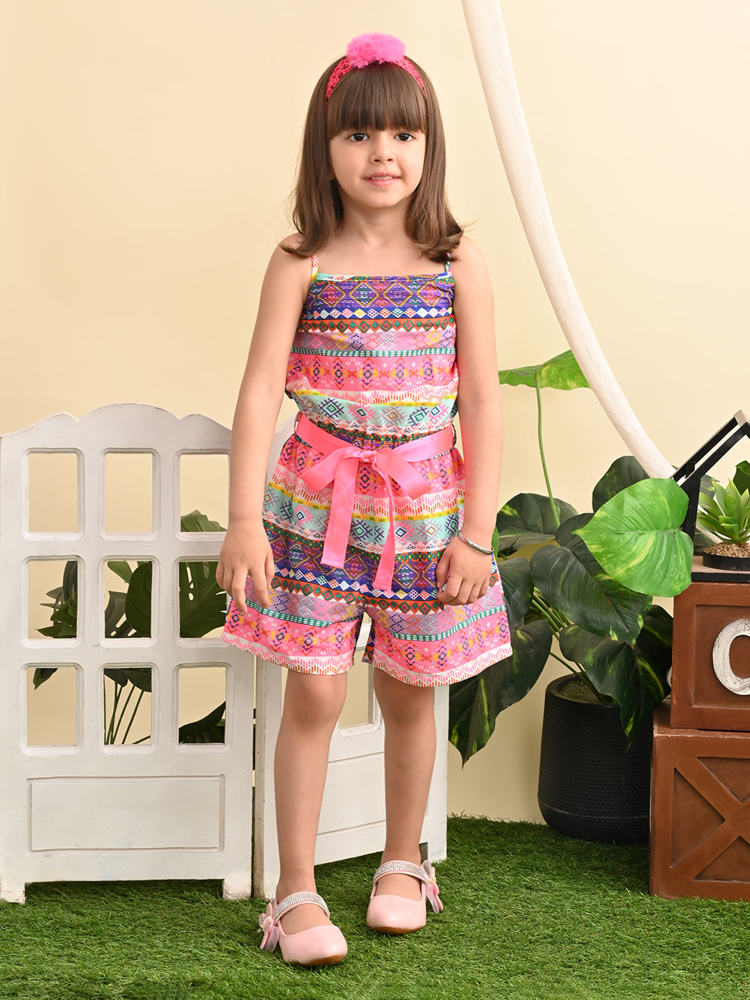 superminis Girls Cotton Geometric Border Print Sleeveless Playsuit with Stylish Ribben Waistbelt, Pink