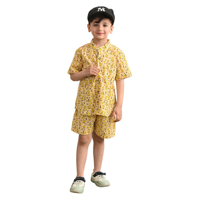 Baby Boys Cotton Printed Shirt and Nikkar/Shorts Co-ord Set, Lemon Yellow