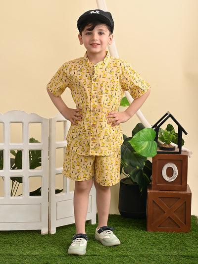 Baby Boys Cotton Printed Shirt and Nikkar/Shorts Co-ord Set, Lemon Yellow