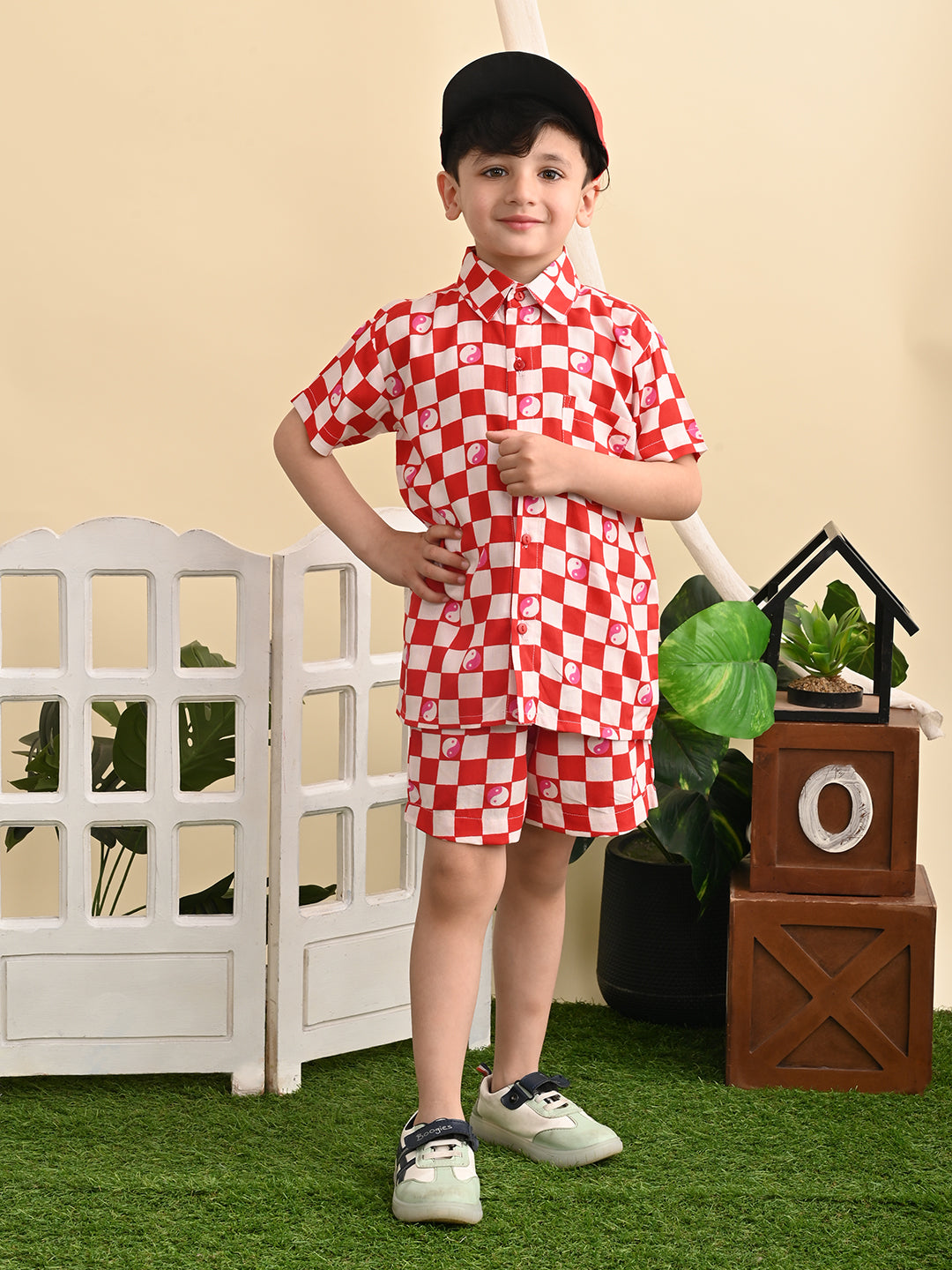 Boys Cotton Rayon Box Printed Co-ord Set With Spread Collar Shirt and Short, Red