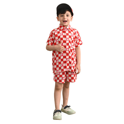 Boys Cotton Rayon Box Printed Co-ord Set With Spread Collar Shirt and Short, Red