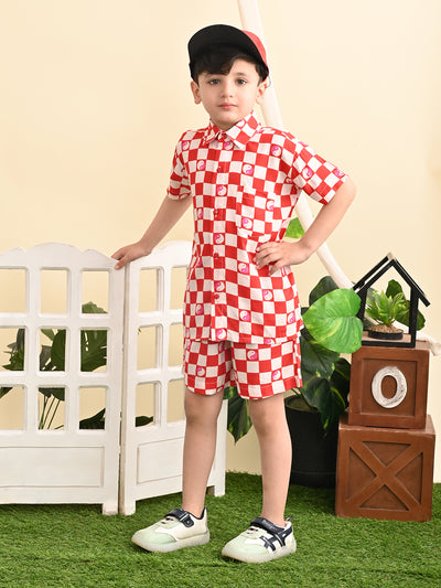 Boys Cotton Rayon Box Printed Co-ord Set With Spread Collar Shirt and Short, Red