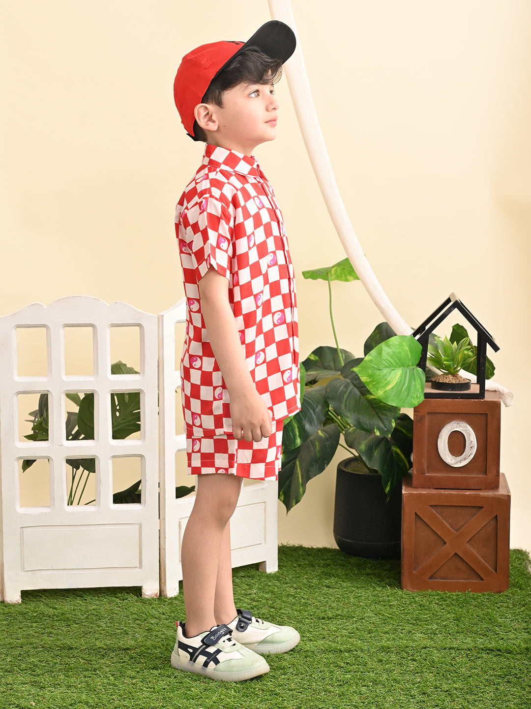 Boys Cotton Rayon Box Printed Co-ord Set With Spread Collar Shirt and Short, Red