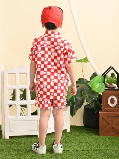 Boys Cotton Rayon Box Printed Co-ord Set With Spread Collar Shirt and Short, Red