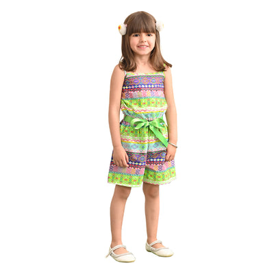 superminis Girls Cotton Geometric Border Print Sleeveless Playsuit with Stylish Ribben Waistbelt, Green