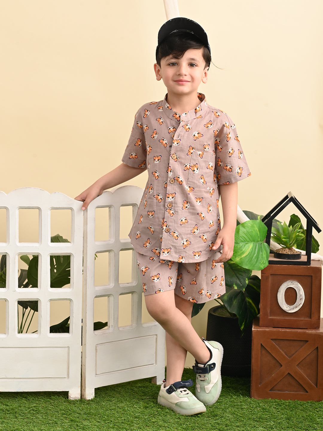 Baby Boys Cotton Printed Shirt and Nikkar/Shorts Co-ord Set, Mauve