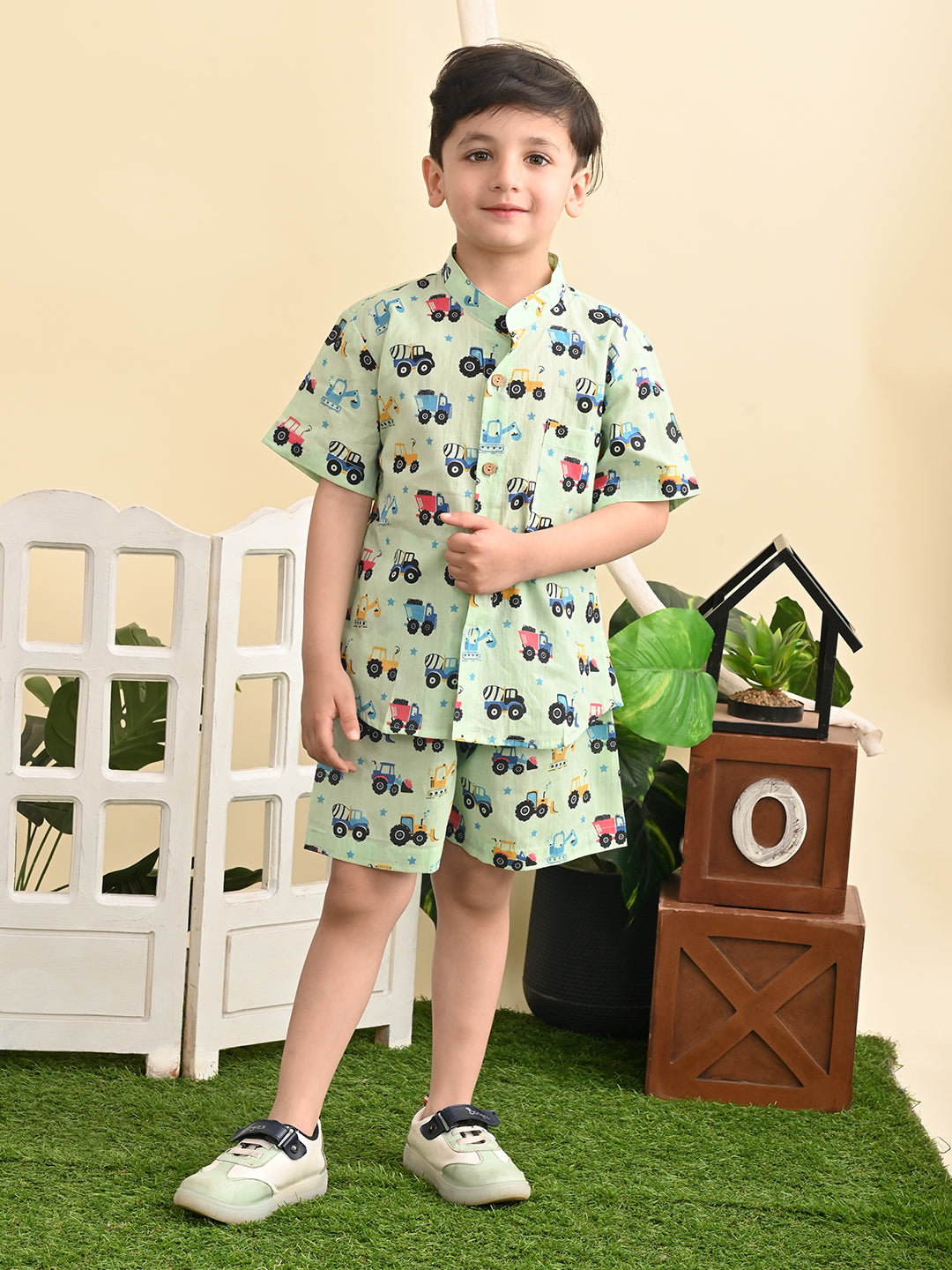 Baby Boys Cotton Printed Shirt and Nikkar/Shorts Co-ord Set, Pista Green