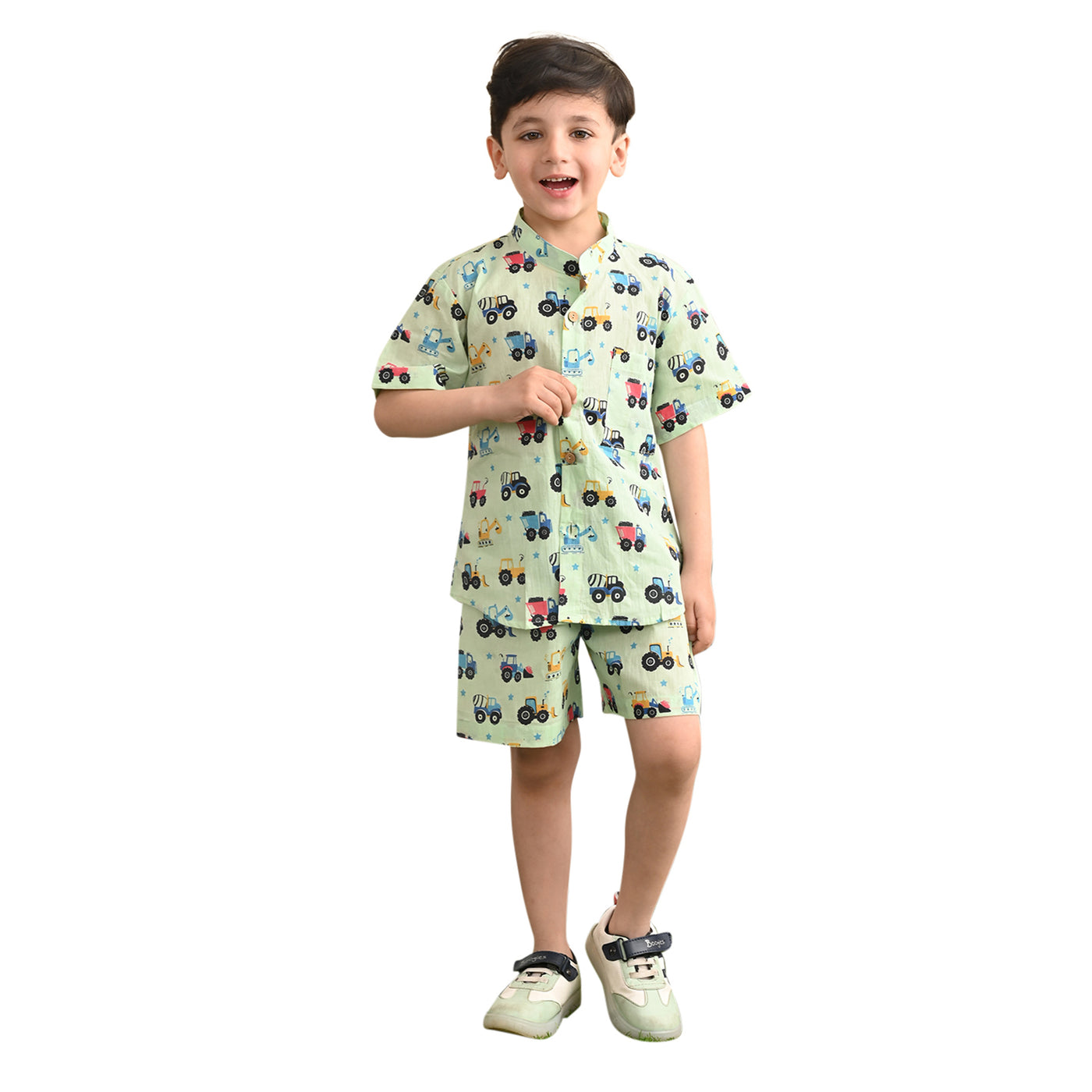 Baby Boys Cotton Printed Shirt and Nikkar/Shorts Co-ord Set, Pista Green