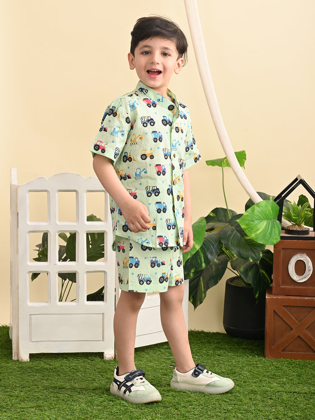 Baby Boys Cotton Printed Shirt and Nikkar/Shorts Co-ord Set, Pista Green