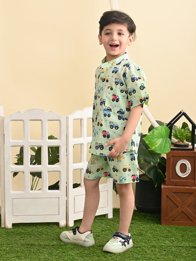 Baby Boys Cotton Printed Shirt and Nikkar/Shorts Co-ord Set, Pista Green