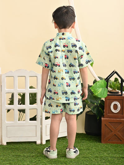 Baby Boys Cotton Printed Shirt and Nikkar/Shorts Co-ord Set, Pista Green