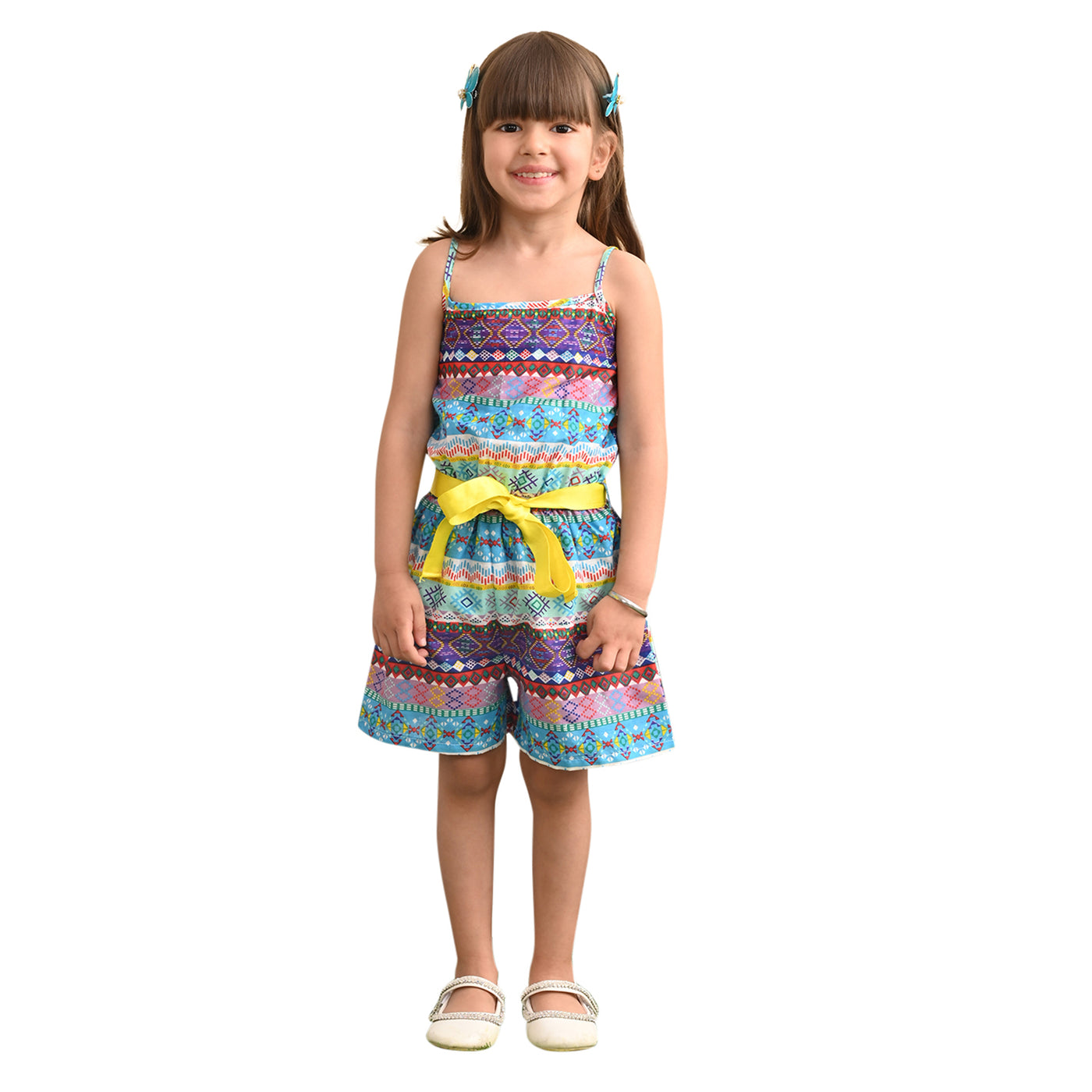 superminis Girls Cotton Geometric Border Print Sleeveless Playsuit with Stylish Ribben Wais, Sky Blue