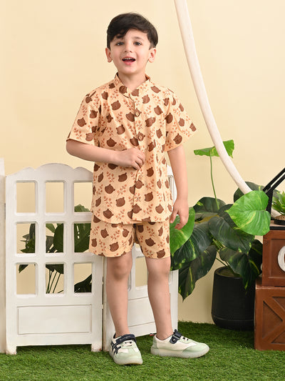 Baby Boys Cotton Printed Shirt and Nikkar/Shorts Co-ord Set, Cream