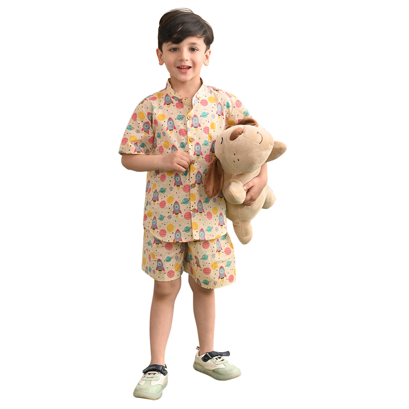 Baby Boys Cotton Printed Shirt and Nikkar/Shorts Co-ord Set, Peanut