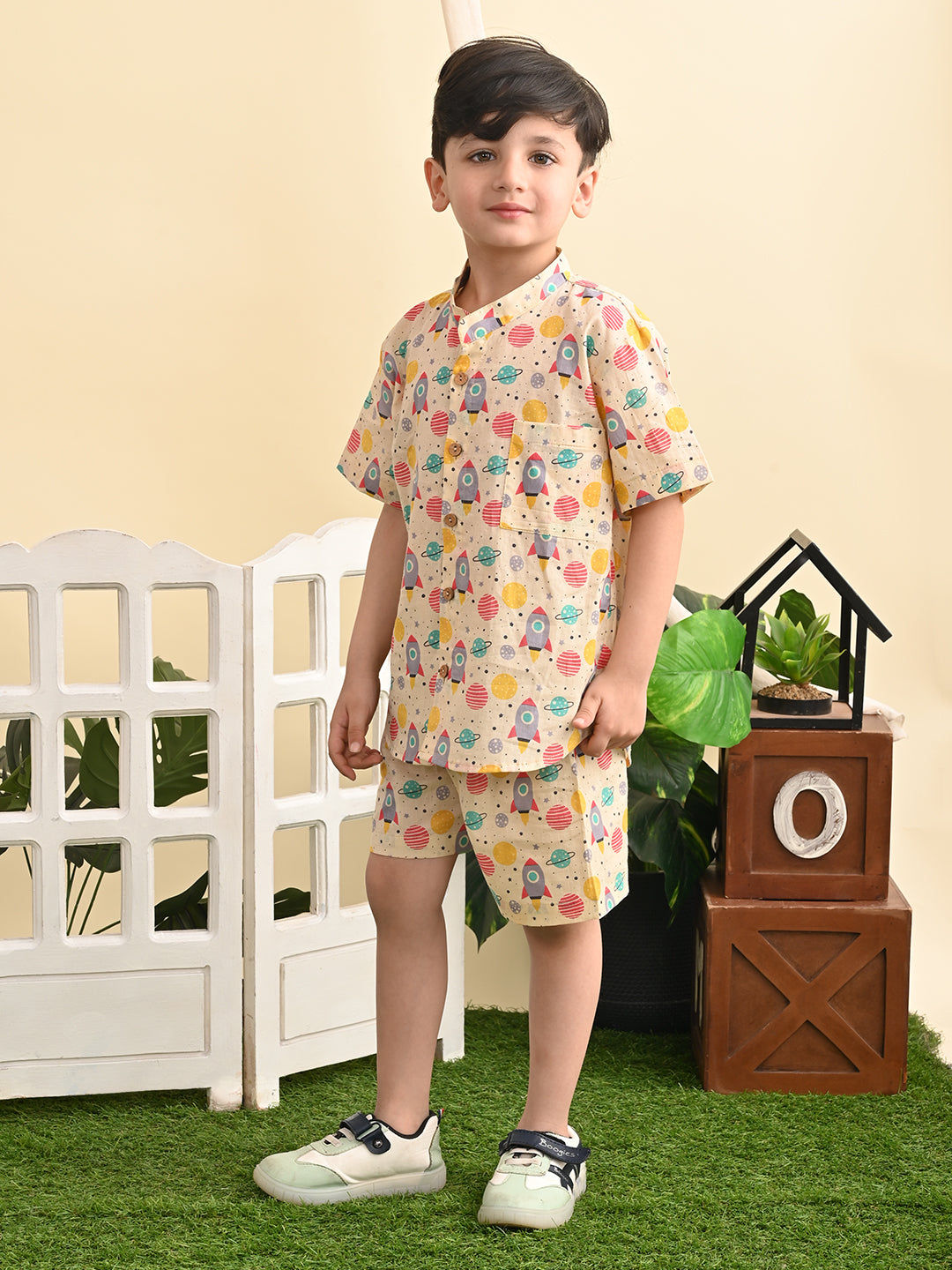 Baby Boys Cotton Printed Shirt and Nikkar/Shorts Co-ord Set, Peanut