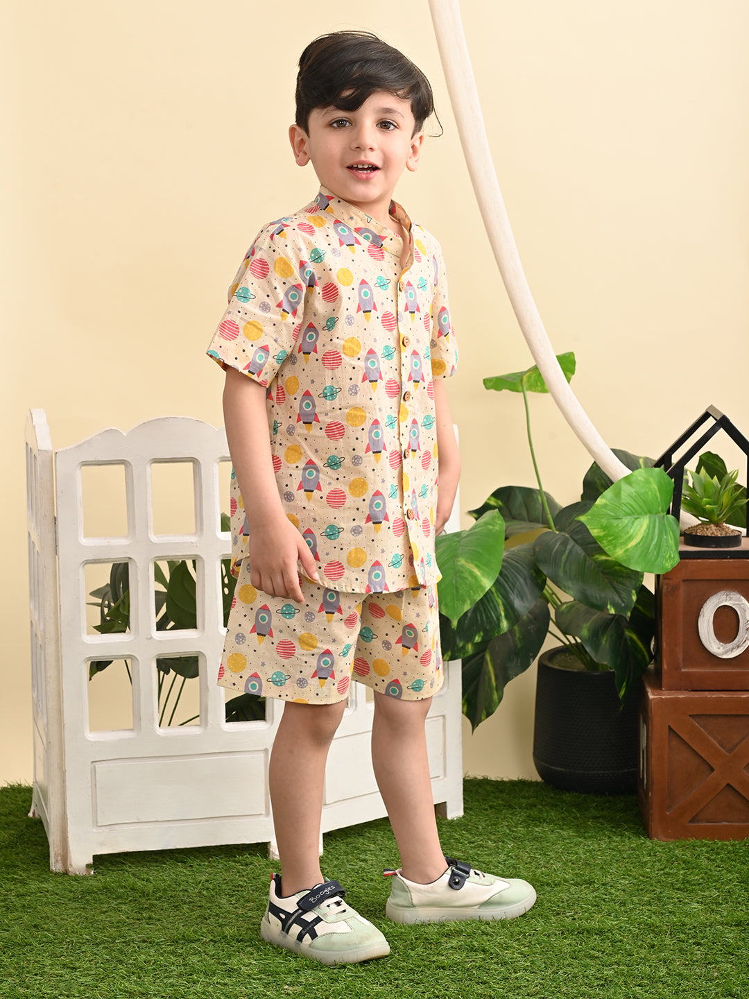 Baby Boys Cotton Printed Shirt and Nikkar/Shorts Co-ord Set, Peanut