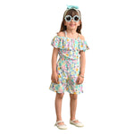 Baby Girls Rayon Floral Print Off Shoulder PlaySuit With Shoulder Frill, Green