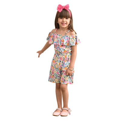 Baby Girls Rayon Floral Print Off Shoulder PlaySuit With Shoulder Frill, Pink