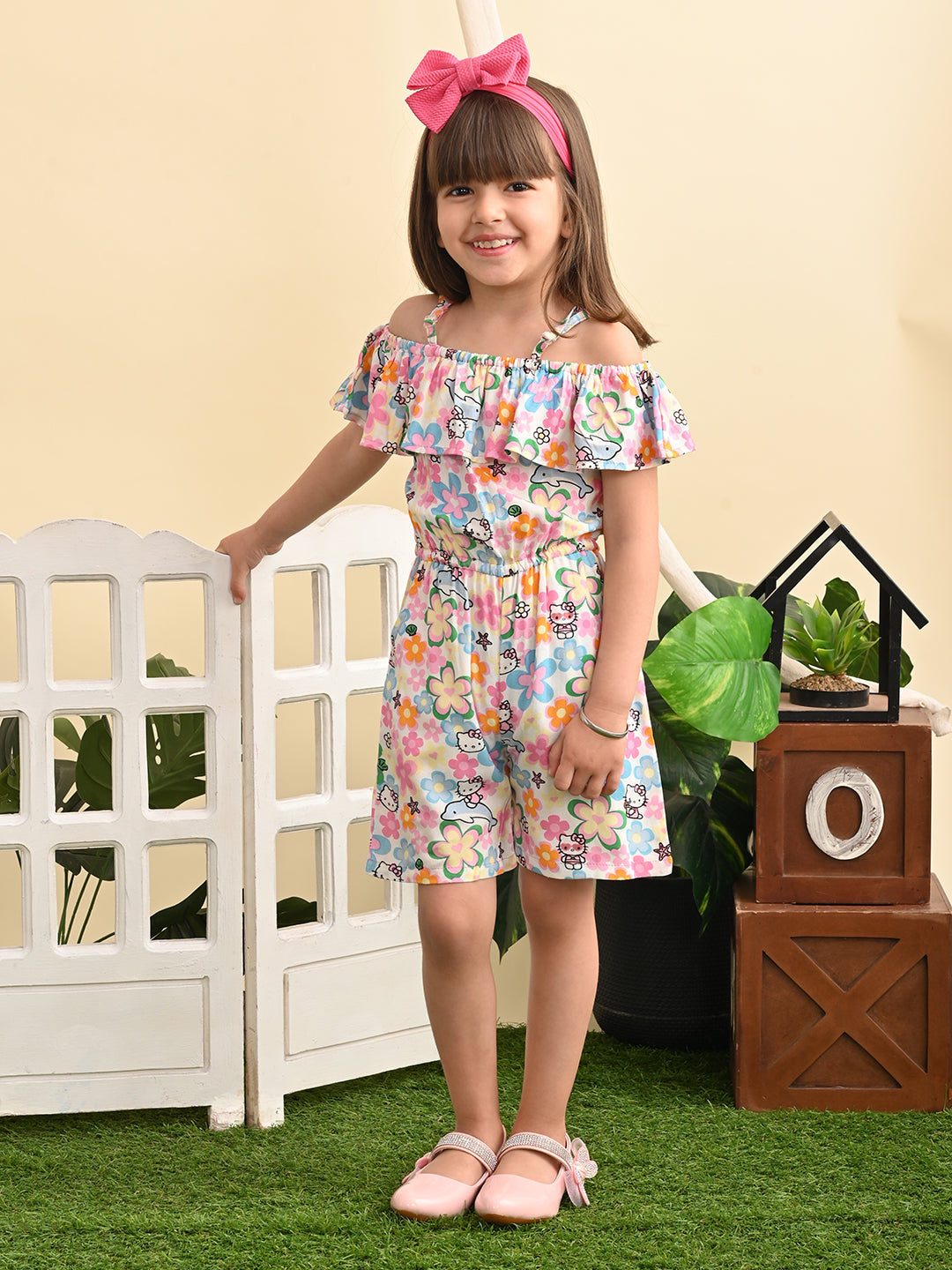 Baby Girls Rayon Floral Print Off Shoulder PlaySuit With Shoulder Frill, Pink