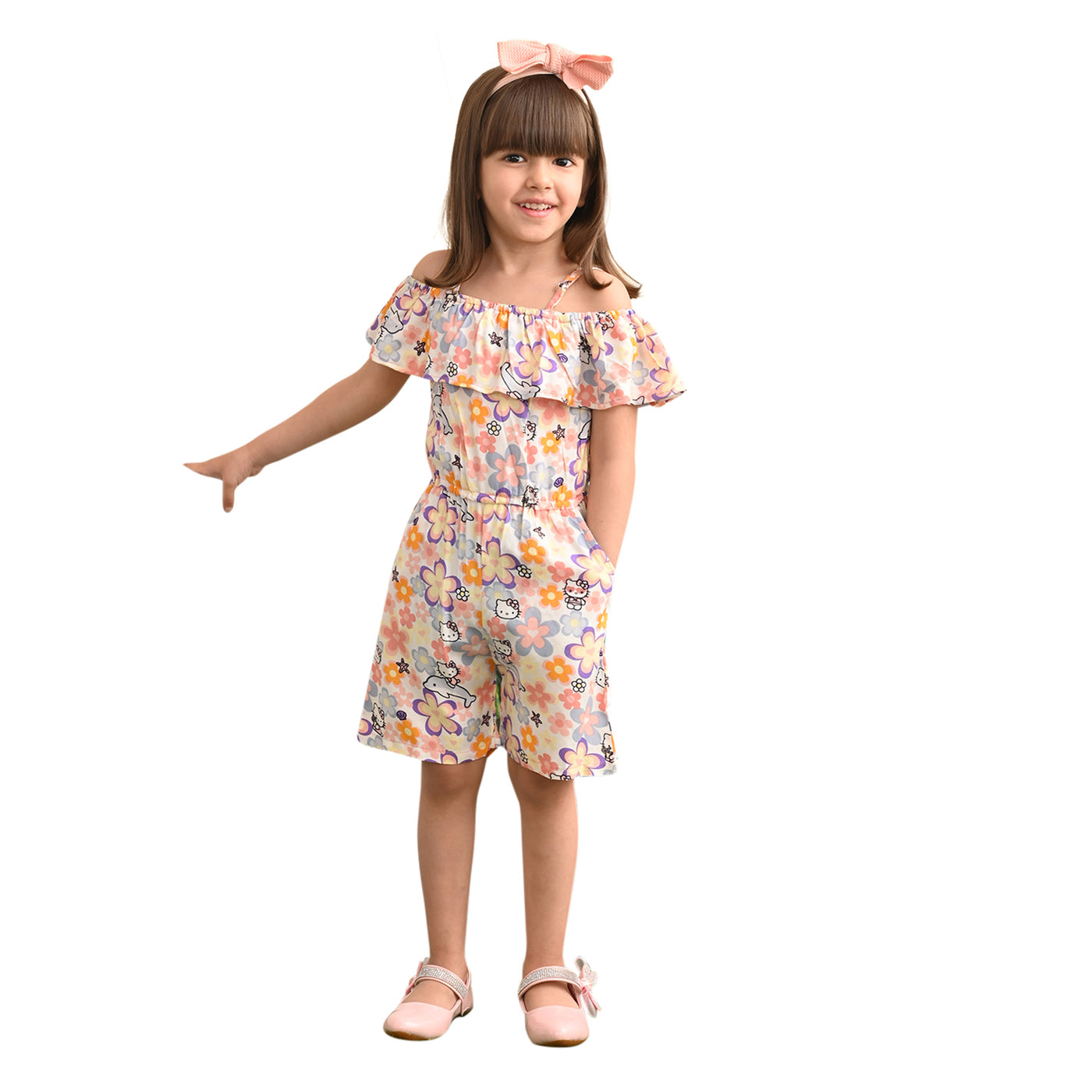 Baby Girls Rayon Floral Print Off Shoulder PlaySuit With Shoulder Frill, Peach