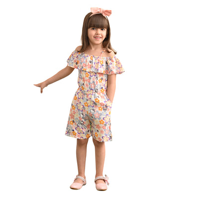 Baby Girls Rayon Floral Print Off Shoulder PlaySuit With Shoulder Frill, Peach