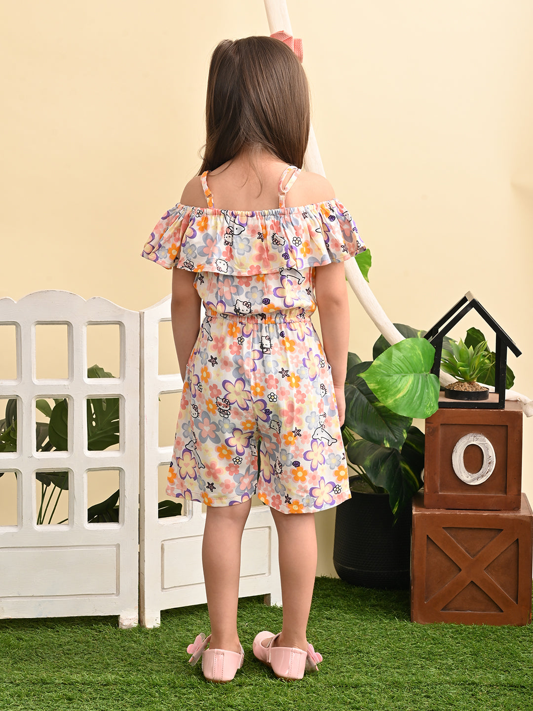 Baby Girls Rayon Floral Print Off Shoulder PlaySuit With Shoulder Frill, Peach