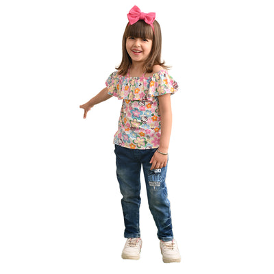 superminis Baby Girls Rayon Floral Print Off Shoulder Top with Shoulder Frill, Pink