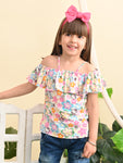 superminis Baby Girls Rayon Floral Print Off Shoulder Top with Shoulder Frill, Pink