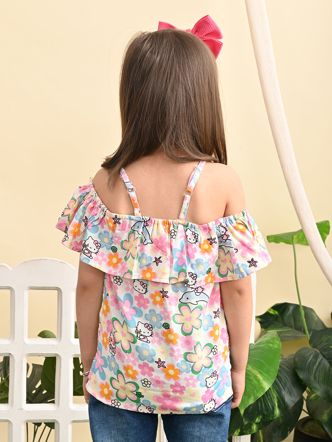 superminis Baby Girls Rayon Floral Print Off Shoulder Top with Shoulder Frill, Pink